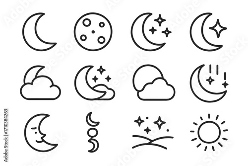 The Moon and Crescent Line Icons Set for Web, Books, Cards, and Apps. Editable Stroke Vector Illustrations of Moon Phases, Night Sky, Stars, and Celestial Elements.