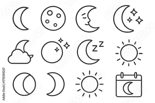 Moon and crescent line icons set for websites, books, cards, apps, editable stroke vector, night and day symbol illustrations, celestial shapes, sleep and calendar designs