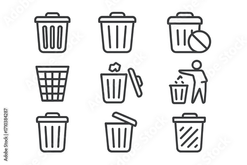 Trash can outline icon set, simple linear design, editable stroke, minimalistic vector collection for web, apps, books, cards, digital and print use, cartoon style, transparent background