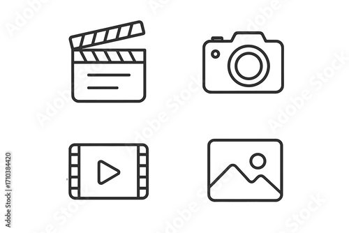 Bundle of minimalistic line icons for clapperboard, photo camera, movie playback, picture gallery. Editable stroke linear pictograms for UI, apps, web design, banners, posts