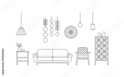 Minimalist Home Decor Line Art: Living Room Furniture, Lighting Fixtures, and Accessories for Interior Design Projects and Digital Design Templates