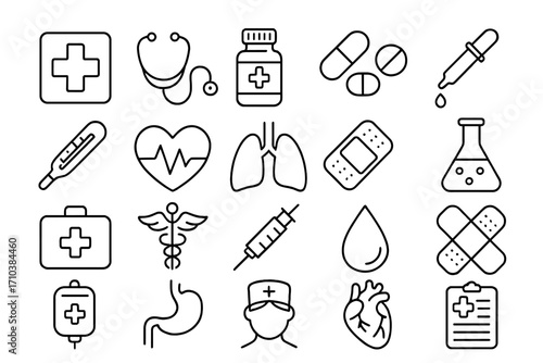 Medicine and Healthcare Line Icon Pack, Modern Medical Vector Collection for Design, Websites, Apps, Cards, Includes Linear Icons of Organs, Pills, Medical Cross, Syringe, Heart, and Health Symbols