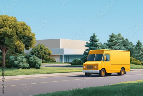 Wallpaper Mural Yellow delivery truck driving on a road near a beige building Torontodigital.ca
