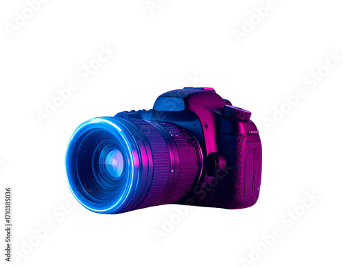  Futuristic 3D DSLR Camera with Neon Holographic Interface and Floating Digital Icons, isolated on transparent background PNG