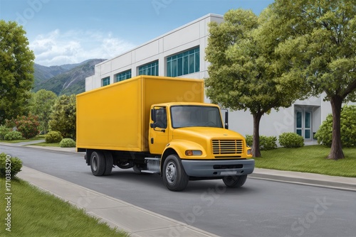 Wallpaper Mural Yellow delivery truck parked on a street near a white building Torontodigital.ca