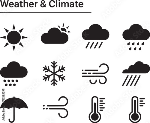 Collection of Silhouette Icons Representing Diverse Weather and Climate Conditions
