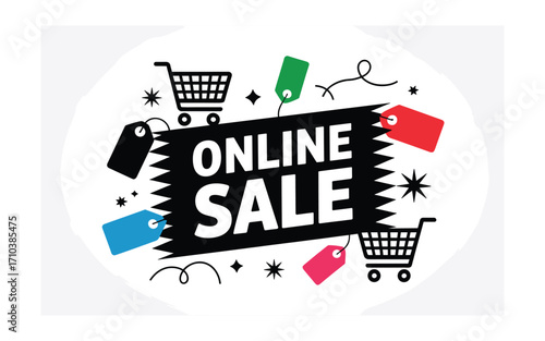 Online Sale Banner with Shopping Carts, Price Tags, and Stars: Modern E-commerce Design for Promotions and Retail Discounts, White Background, Isolated Graphic