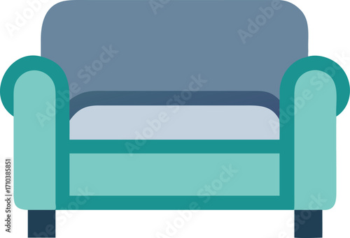 Illustration of a blue and teal armchair with comfortable cushions