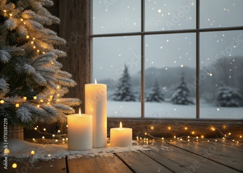 Cozy christmas scene with glowing candles and snow falling outside a window