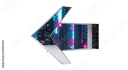 A futuristic arrow with a sleek, metallic frame points left, revealing a vibrant cityscape of neon lights and towering structures within, creating a sense of direction and technological advancement, i