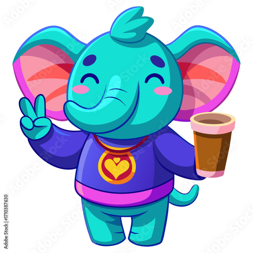 A  sleepy Elephant with a coffee cup, making a peace sign.