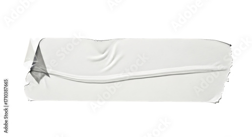 Closeup of a crumpled and torn piece of white paper tape, isolated on transparent background, showcasing its texture, imperfections, and the raw, tactile quality of the material, ideal for adding a re