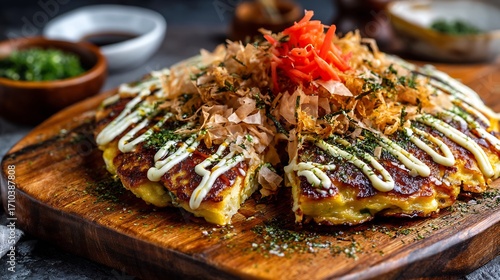 Tableau sur toile Delicious Japanese okonomiyaki savory pancake bonito flakes mayonnaise and okono