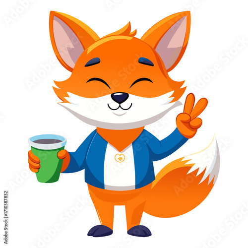 A sleepy Fox making a peace sign while holding a coffee cup.