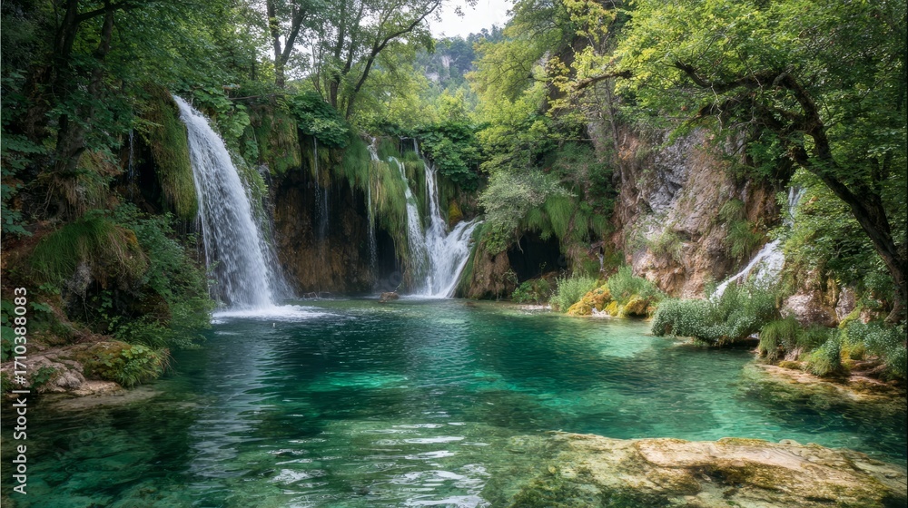 Fototapeta premium Serene waterfalls and lush greenery in tranquil natural oasis