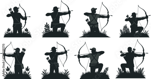 Silhouette archery hunter vector illustration with bow and arrow, outdoor forest hunting, traditional archer shooting, wilderness survival, sport design artwork