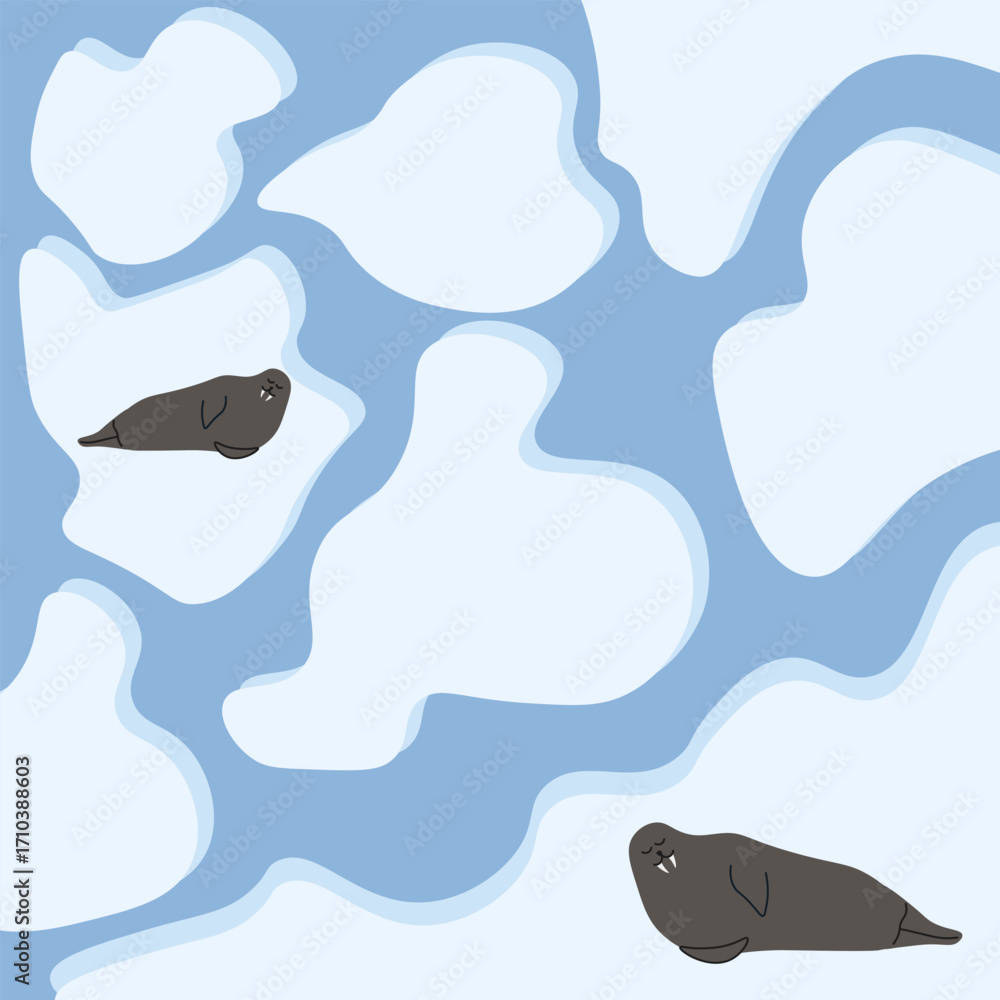 Obraz premium Winter. Vector illustration of walruses rest on ice floe swim the Arctic Ocean. Simple winter poster cover print. Navy seal laying on the ice. EPS 10