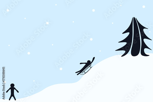 Winter activities. Vector illustration of simple kids silhouette on the sledge. Children sledding down a slide. Winter child games concept. EPS 10