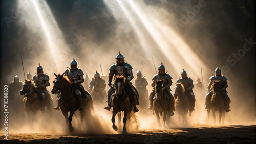 Armored warriors charging on horseback through dramatic dust cloud, illuminated by beams of sunlight, evoking sense of power and determination