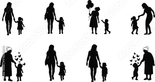 Black silhouette vector illustration of adult and child interactions, family relationships, parenting moments, generational bond, love, care, and growth
