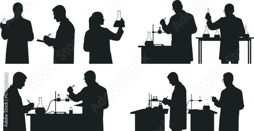 Silhouette scientist laboratory vector illustration with researchers experimenting, chemistry beakers, lab equipment, science research, medical education design for study