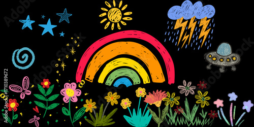 Colorful rainbow butterfly and birds fly in an autumn landscape with flowers and leaves under a bright sun in a blue sky.Crayon drawn kid doodles seamless pattern. Funky chalk kid drawings.