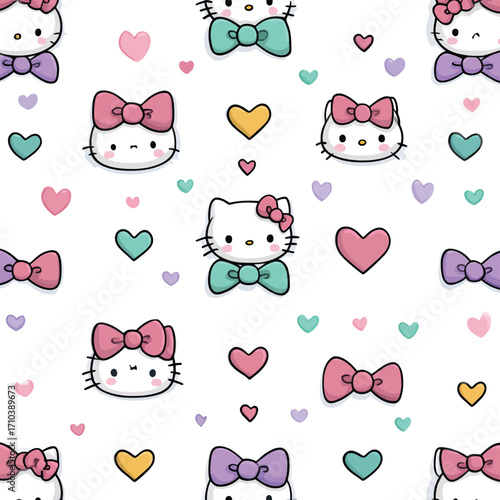 Motivo senza soluzione di continuità con gatto stilizzato e cuori