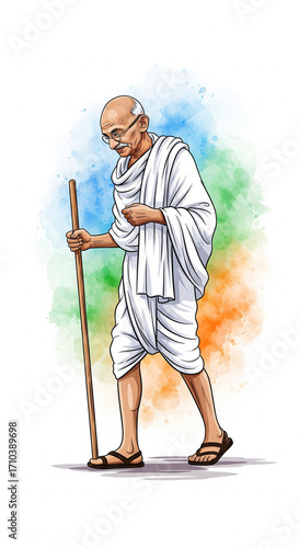 Watercolor vector illustration of Mahatma Gandhi walking Dandi March full body holding wooden stick colorful artistic design
