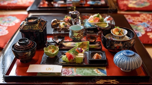 Photography Elegant kaiseki meal arrangement featuring multiple small seasonal Japanese dish