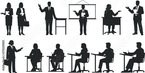 Silhouette business presentation and training vector illustration with office people, seminar, meeting, lecture, education, teamwork, professional communication design