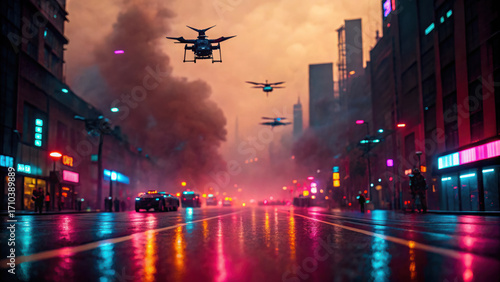 Futuristic cyberpunk city street with neon reflections, drones flying overhead, and smoky atmosphere creating tense and dramatic scene