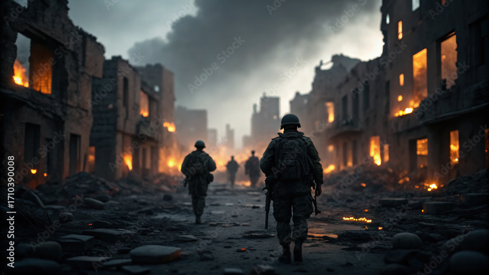 Fototapeta premium Soldiers advancing through war torn city engulfed in flames, with smoke rising and ruins surrounding them, creating tense and dramatic atmosphere