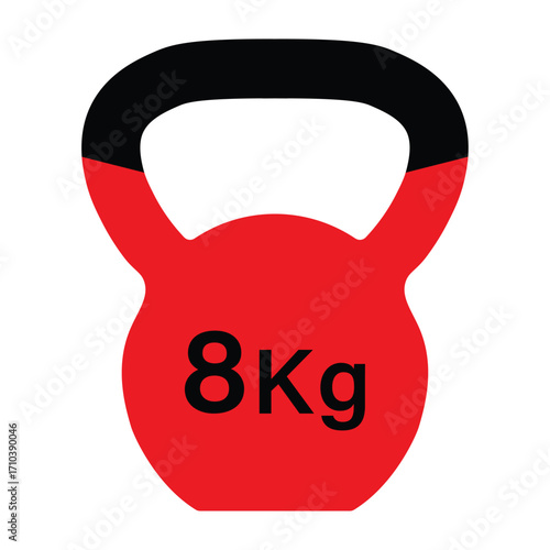Kettlebell red Vector icon isolated on white background, Workout gym tools, accessories. Sport equipment, Gym time concept. Red kettlebell 8 Kg icon, sport training and fitness design element.