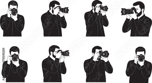 Silhouette photographer illustration with camera poses, professional man shooting photos, holding DSLR, creative photography design for stock vector artwork