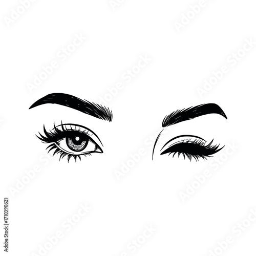 Sexy winking luxurious eye with perfectly shaped eyebrows and full lashes. Idea for business visit card, typography vector. Perfect salon look.