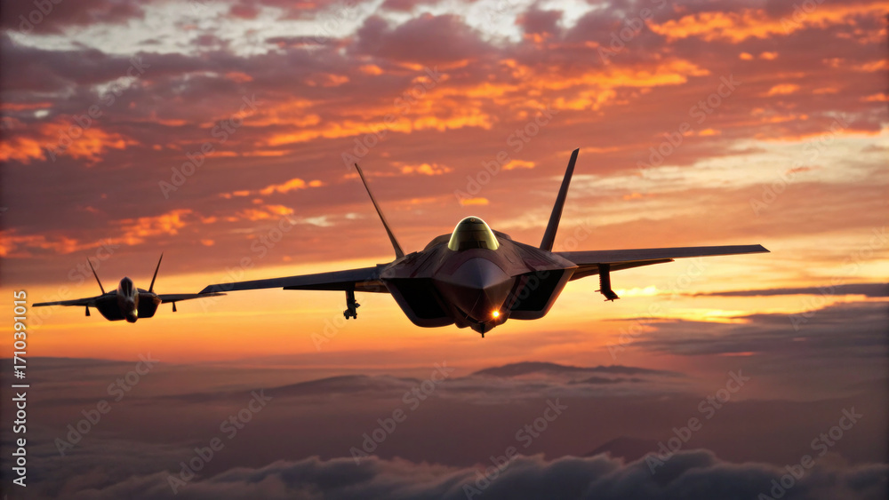 Fototapeta premium Futuristic jet fighters soaring through vibrant sunset sky, showcasing sleek designs and advanced technology in aerial scene