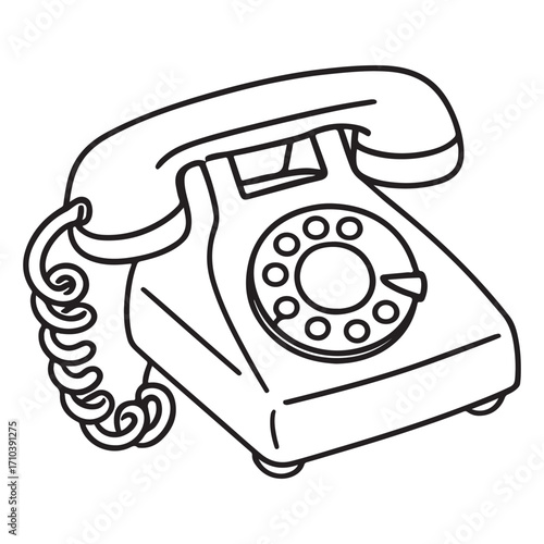 A clean and simple coloring page of a vintage rotary phone with a curly cord, in a thick line art style, perfect for kids.