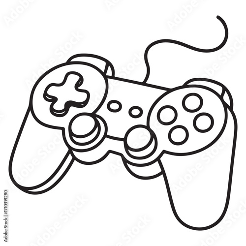 A clean and simple coloring page of a modern video game controller with a cord, in a thick line art style.