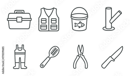 Fishing gear icons: vest, tackle box, fishing bucket, tools, knife