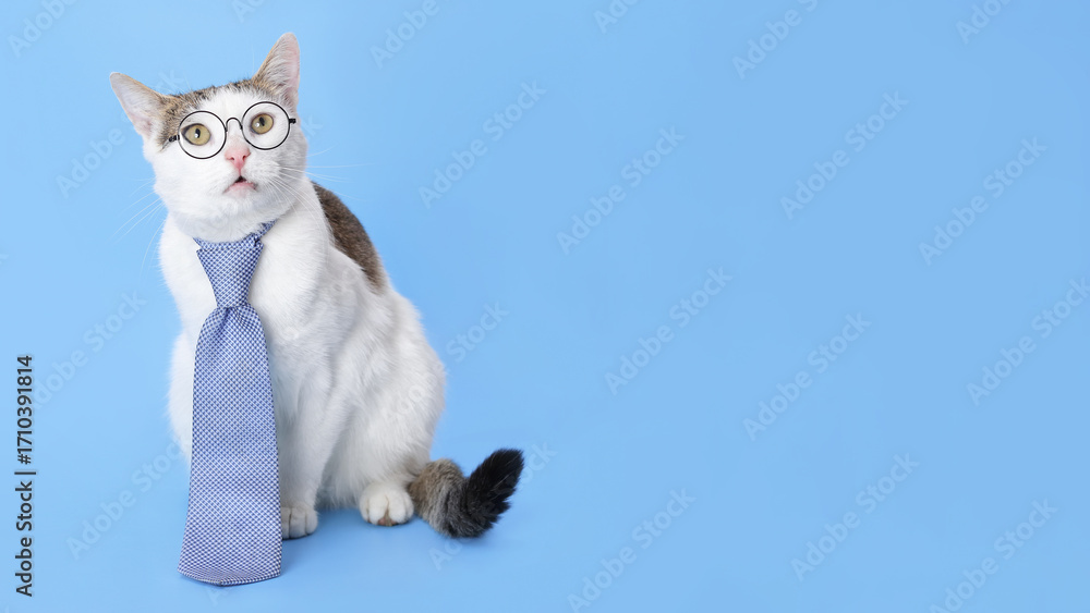 Obraz premium Funny white cat in glasses and tie sitting on blue background, humorous business pet portrait, office style concept, creative animal photo for advertising and design.