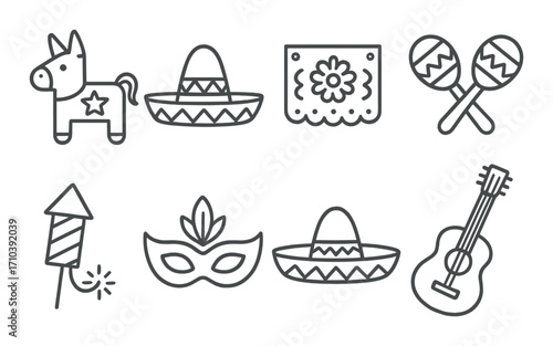 Festive mexican icons: piñata, sombrero, maracas, guitar, mask, rocket