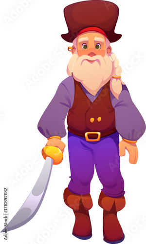 Cartoon medieval sea pirate and corsair character. Isolated vector swashbuckling sailor captain personage with white beard and earring, holding saber, ready for high seas adventures and treasure hunts
