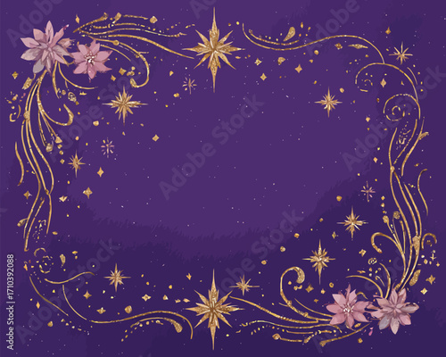 Banner rettangolare viola astratto con elementi scintillanti