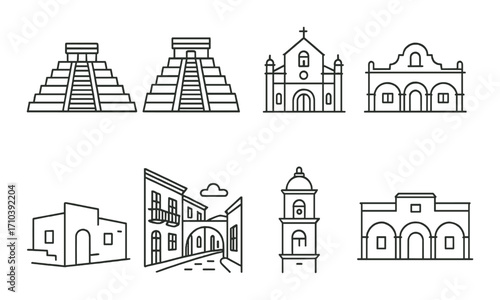 Outline designs of iconic latin american architecture and ancient structures