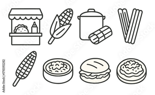 Mexican street food icons featuring corn, tamales, empanada, and churros