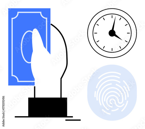 Hand holding cash, analog clock, fingerprint motif. Ideal for finance, payment, security, identity, time management authentication and technology topics. Clean simple flat metaphor