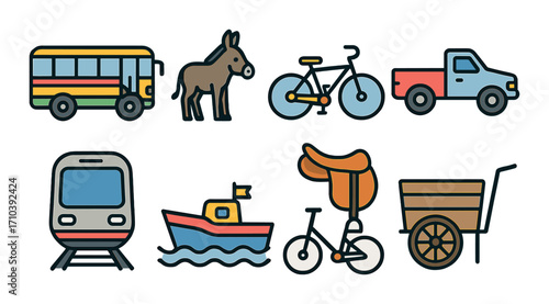 Diverse transportation icons: bus, donkey, bicycle, truck, train, boat, cart