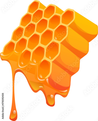 Glossy cartoon honeycomb with golden hexagonal cells and thick honey dripping, emphasizing food cooking process, sweetness and apiary beekeeping organic product, highlights fluid texture