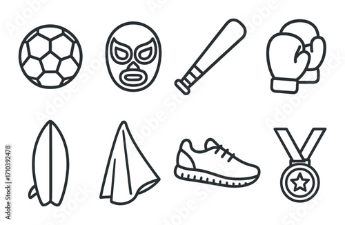 Sports equipment icons: soccer ball, mask, bat, gloves, surfboard, towel, shoe, medal