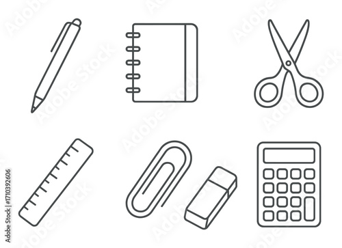 Minimalistic school supplies icons on metallic background